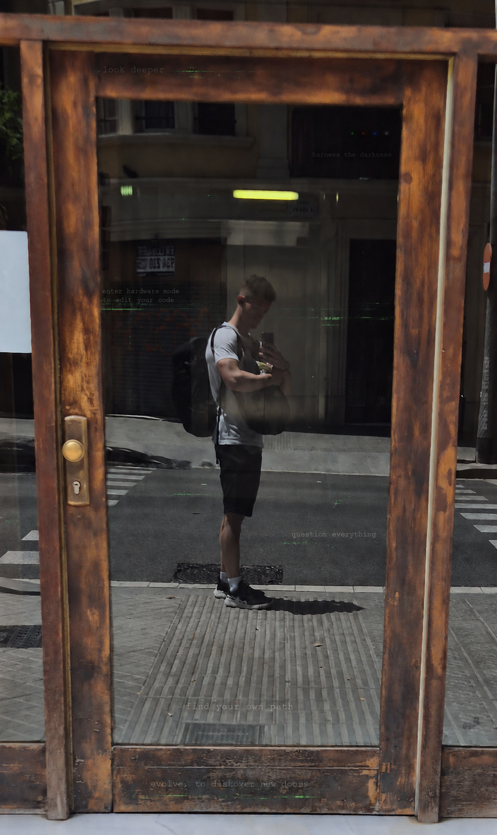 Glyn Taylor reflected in a weathered doorway